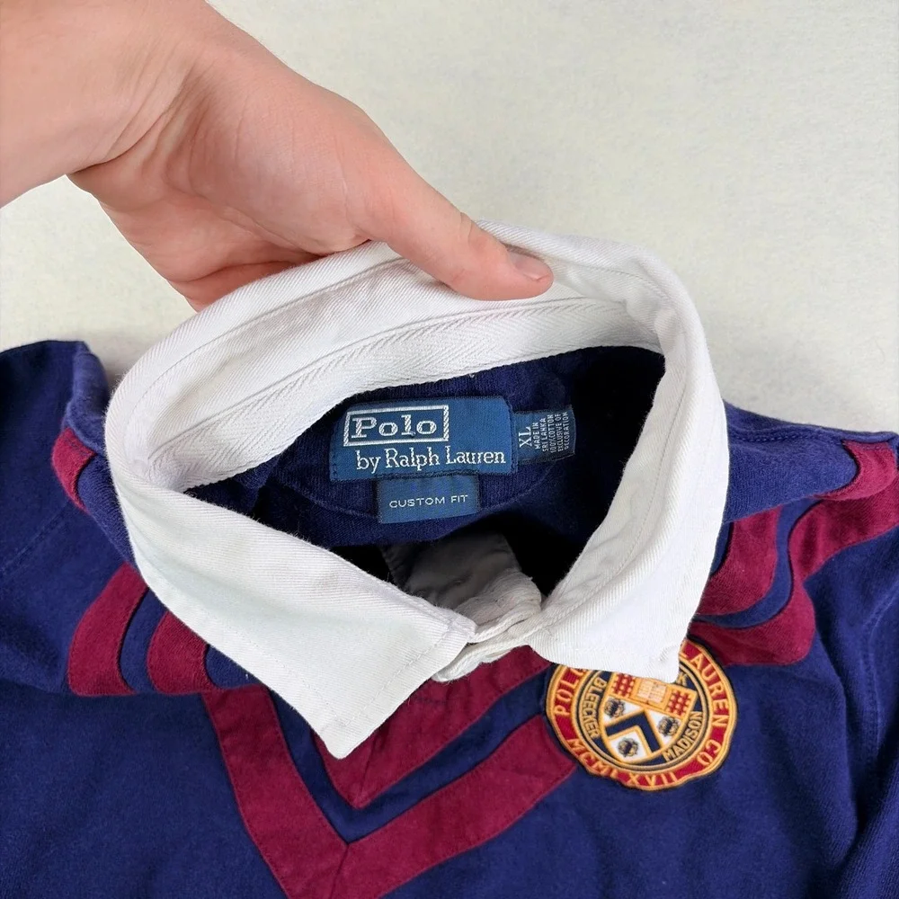 VTG Polo Ralph Lauren Custom Fit Rugby Shirt XL Navy Blue Burgundy Elbow Patch
